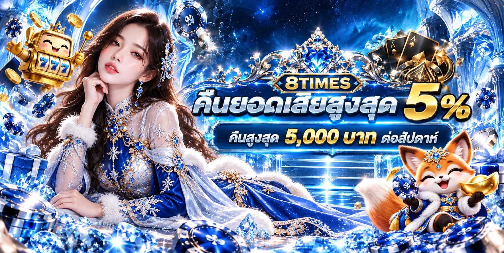 แบนเนอร์สล็อตออนไลน์ 8TIMES โทนผลึกน้ำแข็งพร้อมมาสคอตจิ้งจอก