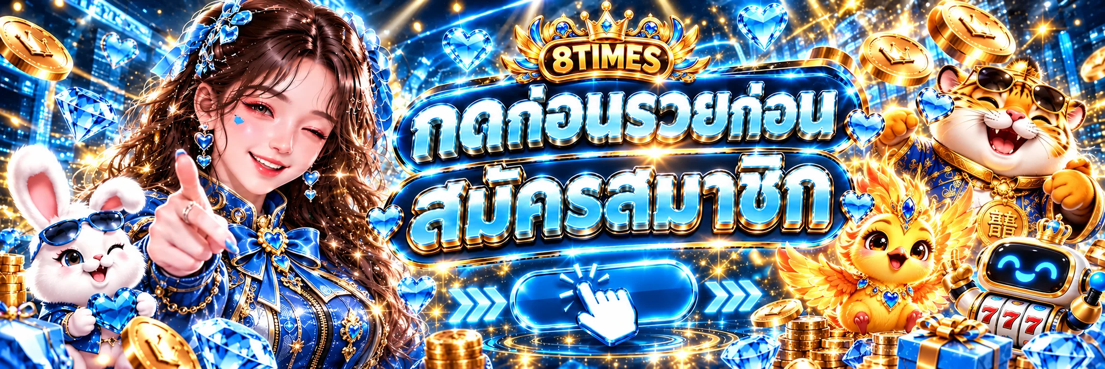แบนเนอร์ทางเข้า 8TIMES พร้อมมาสคอตเกมและปุ่มนำทาง